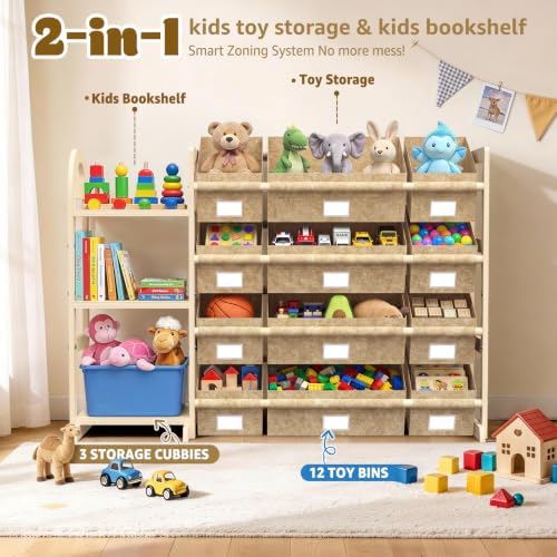 Toy Storage Organizer with 3 Shelves and 12 Bins, Bookshelf/Bookcase, Kids Bin Shelf, Toys Box for Playroom Organization for Bedroom & Room, 47.4" W (khaki) - Image 3