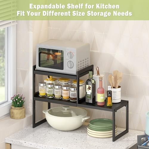 DOLALIKE Expandable Kitchen Countertop Organizer, Stackable Cabinet Shelf Organizers, Space Saving Spice Rack Pantry Storage for Bathroom Office Organization (Black, 2 Pack) - Image 5
