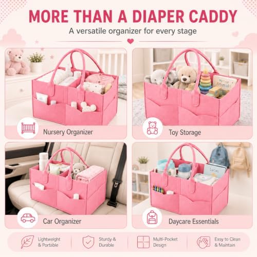 PandaEar Baby Diaper Caddy Organizer, Portable Diaper Holder Organizer Nursery Storage Basket for Wipes & baby stuff, Collapsible Baby Organizer with Divided Design (Light Pink) - Image 2