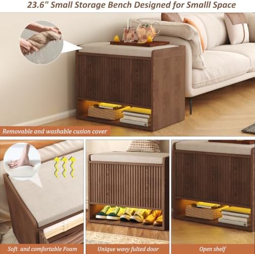 HOMEFORT 23.6" Fluted Shoe Storage Bench, Small Entryway Bench with Linen Seat Cushion, Shoe Cabinet Bench with Adjustable Shelf and Built-in LED Sensor Light, Bench for Bedroom End of Bed,Walnut - Image 5