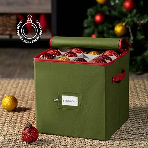 ZOBER Christmas Ornament Storage Box - Stores 64 3" Ornaments, With Dividers - Ornament Organizer Storage Box, Durable Christmas Containers Holder, Dual Zipper - Green - Image 2