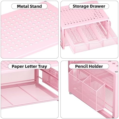Marbrasse Metal Printer Stand for Desk with Storage Drawer and 2 Pen Holders, 2-Tier Desktop Organizer Printer Table for Home Office, Multi-Purpose Desk Organizer for Fax Machine Scanner Files(Pink) - Image 3
