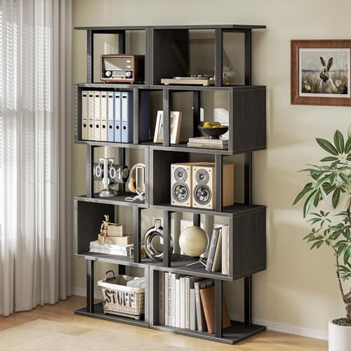 Furologee 6 Tier Bookshelf, S Shaped Geometric Bookcase, Black Oak - Image 2