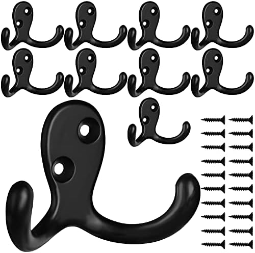 IBosins 10 Pack Black Double Prong Coat Hooks Wall Mounted with 20 Screws by IBosins