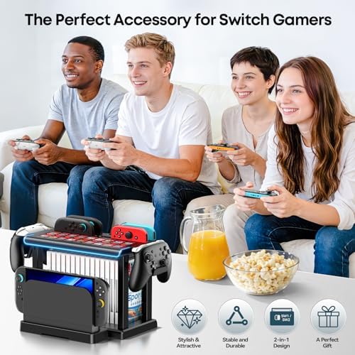 Switch 2/1/OLED RGB Organizer Station with Controller Charging Dock, Switch Storage Stand, Joycon 1/2 Charger, Gaming Accessories Holds TV Dock, 16 Game Cases, 18 Game Cards, and 2 Pro Controllers - Image 6