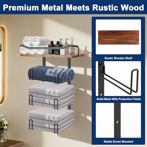 NearMoon Towel Rack with Wooden Shelf, All Metal Rustproof Towel Organizer Holder for Bathroom Storage, Wall Mounted (1 Pack, Matte Black) - Image 4