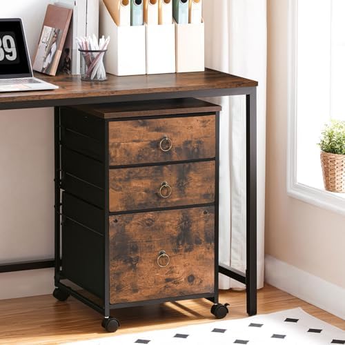 HOOBRO 3-Drawer Mobile File Cabinet, Vertical Filing Cabinet, Under Desk Cart with Drawers for Home Office, Rolling Printer Stand, A4/Letter-Sized, Fabric Drawer, Rustic Brown BF30WJ01 - Image 5
