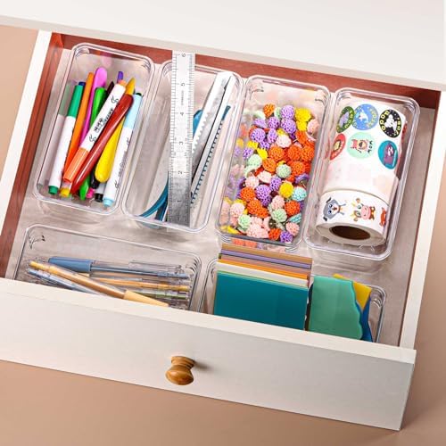 6Pcs Clear Plastic Drawer Organizers Tray 6" x 3" Storage Bins with 25Pcs Non-slip Pads for Makeup, Jewelries, Kitchen Utensils, Bathroom and Office - Image 4