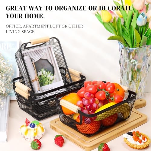 6 Pack Black Wire Basket with Wooden Handle, Storage Bins for Pantry - Image 3