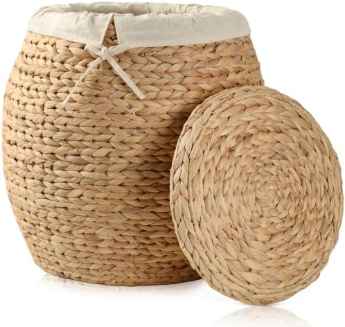 Storage Standard Wicker Basket with Lid Decorative Storage - Large Blanket Basket for Living Room, Plants, Organization, Handwoven Water Hyacinth Material w/Removable Cotton Liner & Tall Round Design by Storage+Standard