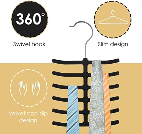 3-Pack Non-Slip Velvet Tie Hanger Organizer Rack by Home Basics | 360° Rotatable Hook | Holds 12 Ties Each | Versatile for Belts and Scarves | Slim Design - Image 3