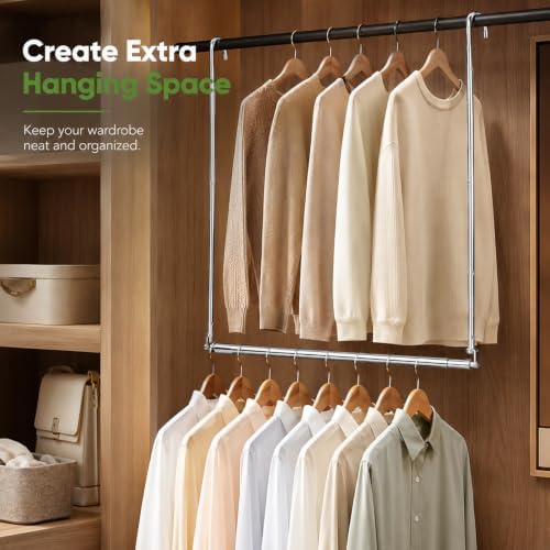 2 Pack Hanging Closet Rod Stainless Steel, Adjustable Width & Height 16–27.5 in Closet Rod Extender with 360° Rotating Hooks, Space-Saving Closet Hanging Organizer for Clothes, Pants, Skirts, Towels - Image 3