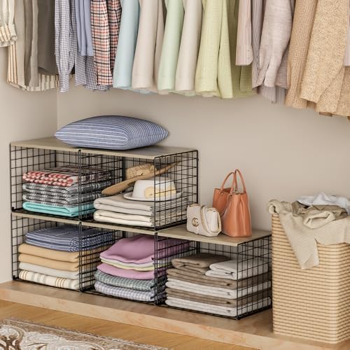 Extra-Long Closet Organizers and Storage with Top Board, 3 Pack Stackable Closet Shelf Organizer, Double Storage Design Clothes Storage Cube/Bin Organizer for Wardrobe,Space-Saving, Black,Sturdy,Metal - Image 2