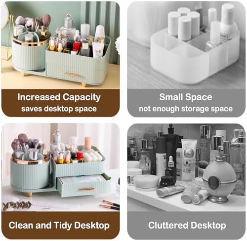 Rotating Makeup Organizer for Vanity with Brush Holder and Drawer, Cosmetic Makeup Storage, Large Spinning Makeup Skincare Organizer, Countertop Makeup Perfume Organizer, Lotions Display Case (Green) - Image 6