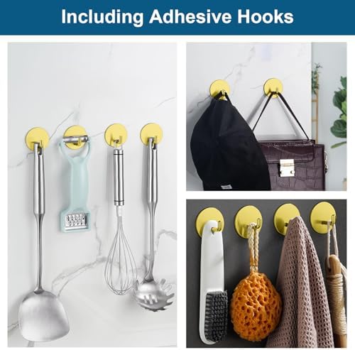 Diesisa Razor Holder for Shower + Adhesive Wall Hooks, Premium 304 Stainless Steel Shower Razor Holder with Heavy Duty Waterproof Sticky Hooks for Hanging Towels, Coat, hat (2+2 Pack)-Gold - Image 3