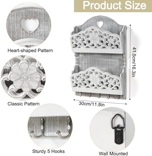 Key and Mail Holder for Wall, 2-Slot Mail Organizer Wall Mount 5 Key Hooks - Image 3