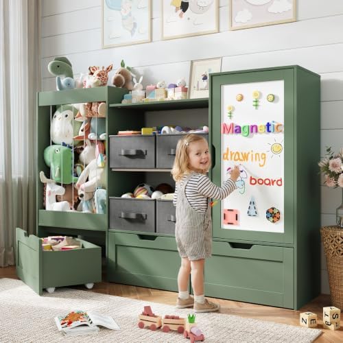 61" W Toy Storage Organizer, Wooden Kids Bookshelf, Drawing Board by VortinT
