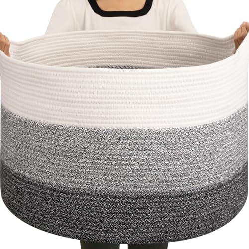 OIAHOMY 105L Extra Large Blanket Basket - Decorative Cotton Rope Storage Basket for Bedroom, Living Room & Nursery - Woven Laundry Hamper for Organizing Blankets, Clothes & Toys - Gradient Grey by MasterofSpaceOptimization