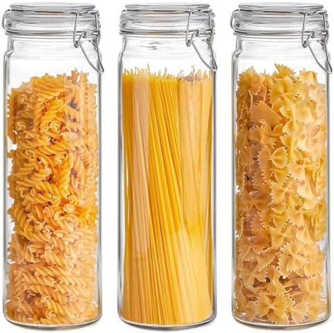 ComSaf Tall Glass Pasta Containers with Airtight Lids 68 oz 3 Pack Canister by ComSaf