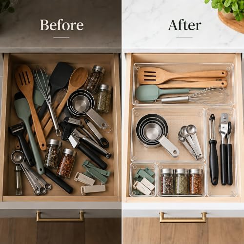 10 Pack Clear Drawer Organizer, 5 Sizes, Non-Slip Storage Trays - Image 3