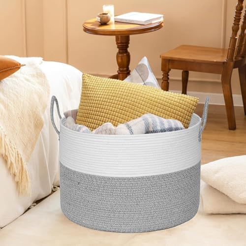 21" x 18" Extra Large storage baskets,Decorative blanket basket with lid for Living room,rope baskets with lid,wicker hamper for bedroom,Big,Round,White & Grey 115L - Image 3
