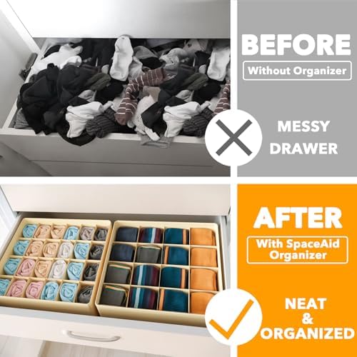 SpaceAid Sock Drawer Organizer Divider 3 Pack, 64 Cell Dresser Closet Nursery Underwear Organizers Storage Bins for Organizing Socks Underwear Ties Belts (Beige) - Image 2