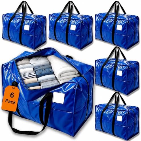 24 GAL Heavy Duty Moving Bags Blue 6 Pack - Backpack Straps & Handles, Large Zipper Storage Bags for Clothes, Water-Resistant College Dorm & Moving Essentials by JVLJVL