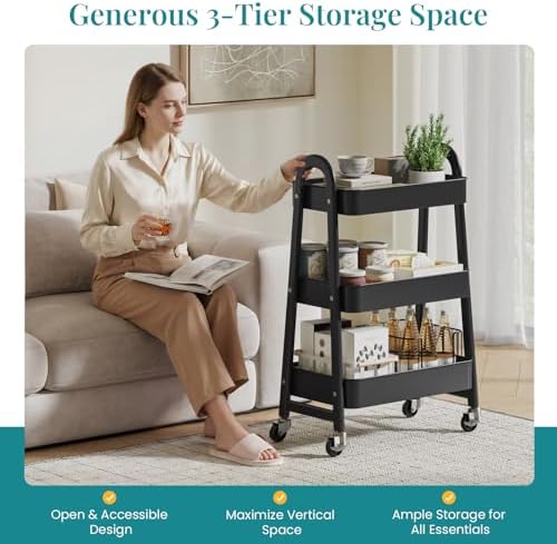 OLIXIS Metal 3 Tiers Rolling Storage Utility Cart with Lockable Wheels - Image 3