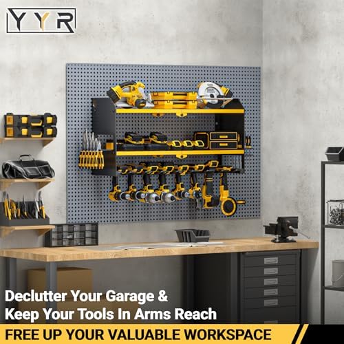 YYR Power Tool Organizer Wall Mount, Cordless Drill and Battery Holder, Electric Tools Hanger Storage Rack with Charging Station, Garage Organization Floating Shelf - Made of Heavy Duty Metal, Yellow - Image 2