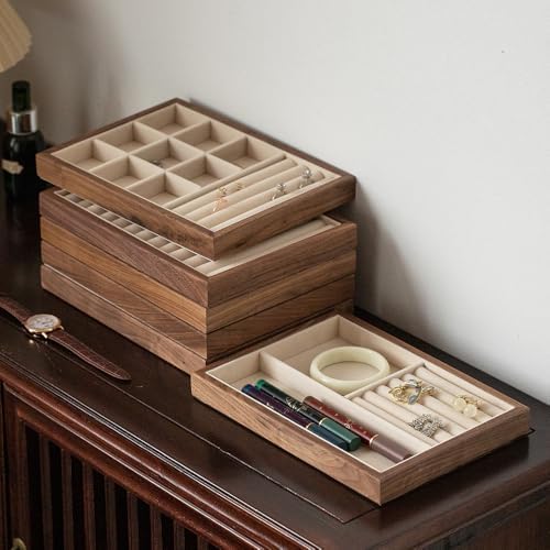 Black Walnut Wooden Flat Jewelry Tray with Lint-Lining, Stackable Jewelry Drawer Storage, Display Tray for Jewelry Organization & Showcase, Premium Quality Jewelry Holder for Women - Image 4