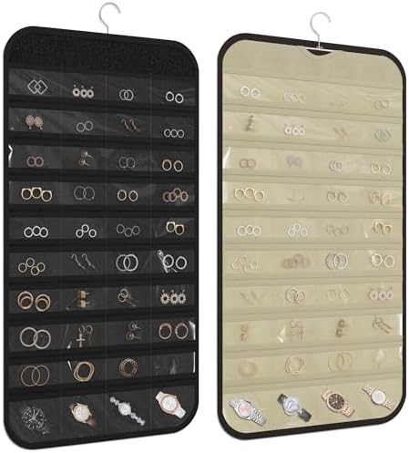Hanging Jewelry Organizer, 80-Pocket Double-Sided Storage, 2-Pack, Black and Beige by DonYeco