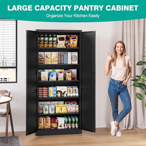 SISESOL Black Storage Cabinet,71" Tall Pantry Cabinet,Kitchen Pantry Storage Cabinets with 2 Doors and 5 Shelves,Wide Deep Metal Food Cupboard for Home,Kitchen,Dining/Living Room - Image 3