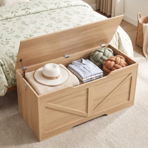 HOOBRO Storage Bench, 39.4” Retro Wooden Storage Chest with U-Shaped Cut-Out Pull, Safety Hinge, Supports 330 lb and Easy Assembly for Toy Box Organizer (Natural) NL771CW01G1 - Image 2