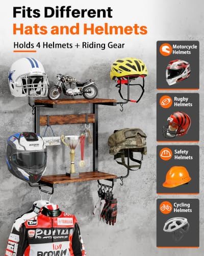 Motorcycle Helmet Holder Wall Mount, 2 Tier Helmet Rack with 4 Hat Stands - Image 2