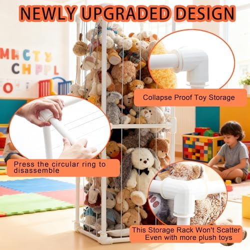 Stuffed Animal Storage Organizer, 58" Extra Large Zoo Cage for 80+ Plushies, Upgraded Quick-Lock Vertical Toy Holder for Kids Room & Playroom (White) - Image 6