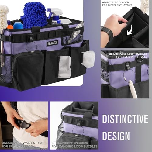 SCAVATA Wearable Cleaning Caddy Bag, Cleaning Caddy Supplies Organizer with Handle & Shoulder Straps for Housekeepers, Under Sink & Car Cleaning Tool Organizers with 4 Foldable Divider (Purple) - Image 3