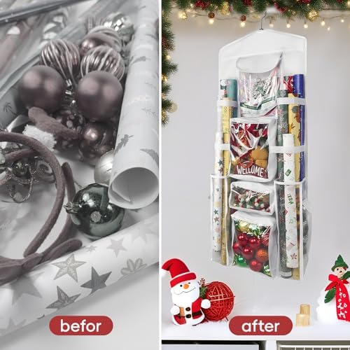 Wrapping Paper Organizer, Double-Sided Hanging, Over Door Gift Wrap Storage with Multiple Pockets, Side Pockets, Elastic Straps, Organize Ribbons, Bows, Tools, Space-Saving Closet,Cabinet Design,White - Image 5