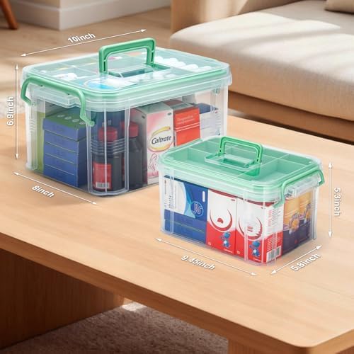 2 Pack Clear Medicine Organizer Storage Box with Handle & Tray - Thickened Plastic Empty First Aid Box, Multipurpose Medical Container with Lids/Labels, Medication Caddy for Home, Baby, Elderly, Dorm - Image 2