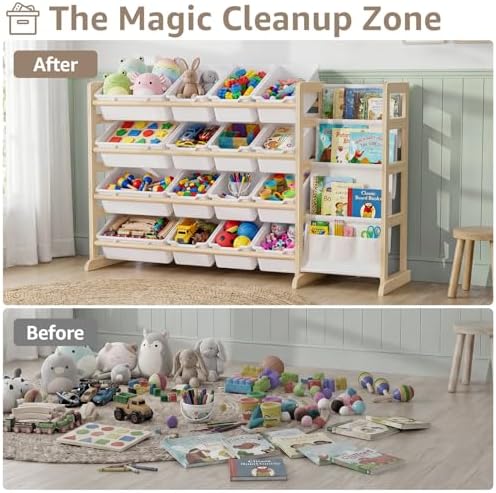 NUTIKAS Toy Storage Organizer with Bookshelf - Wooden 16 Bins Kids Toy Organizer Rack, Solid Pine Wood, Toys Box for Toddler, Playroom, Living Room, Bedroom, Nursery - Image 4
