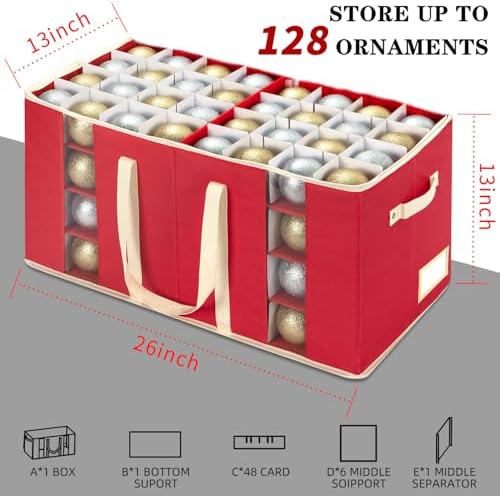 JY COOKMENT Christmas Ornament Storage Box with Adjustable Dividers, Large Holiday Ornaments Storage Container Bin with Zippered Top for Xmas Decorations (128-3" Balls, Red, Without Tray) - Image 2