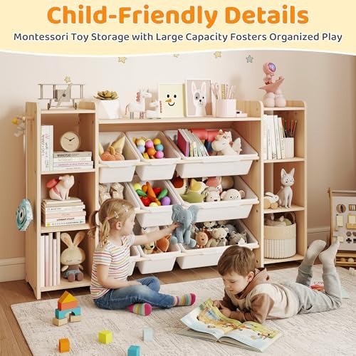 GITAWUSA Toy Storage Organizer, Kids Bookshelf with 6 Shelves, 9 Toy Bins & 6 Hooks | Toy Shelf, Storage Bin Unit, Toy Organization for Playroom, Nursery, Bedroom, Toddler Room, White, 57''W - Image 6