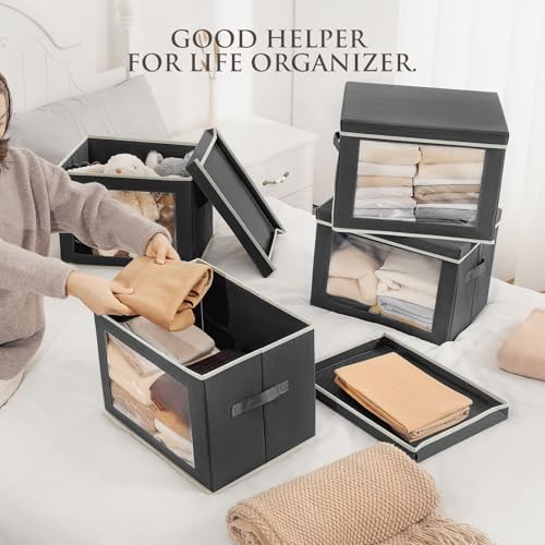 Homsorout Stackable Storage Bins with Lids - Large Storage Box with Lids, Foldable Closet Boxes for Organizing, Wardrobe Clothes Organizer with Window, Cubes Bins for Living Room, 4 Pack, Dark Grey - Image 3