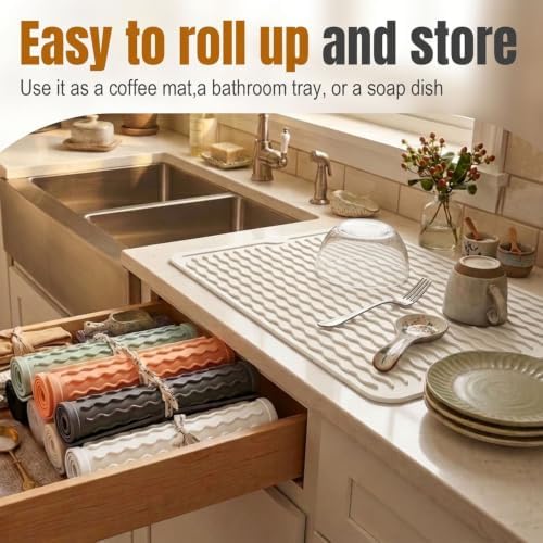 2 Pack Silicone Dish Drying Mat for Kitchen Counter Shower Caddy Rack Waterproof Under Sink Placemats Trivets Coffee Bar Accessories Household Essentials Extra Large 24"x18" Beige - Image 3