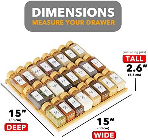 SpaceAid Bamboo Spice Drawer Organizer with 24 Spice Jars, 378 White Minimalist Spice Labels, 3 Tier Seasoning Rack Tray Insert for Kitchen Drawers, 15" Wide x 15" Deep x 2.6" Tall - Image 4