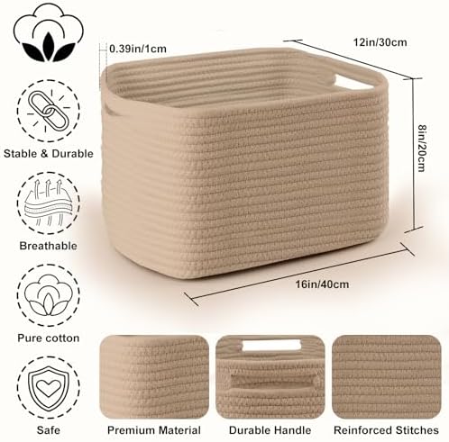 4 Pack Large Storage Baskets for Organizing, 16''Lx12''Wx8''H Woven Baskets for Storage Toys, Towels, Books, and Clothes, Cotton Rope Basket for Shelves with Handle - Image 2