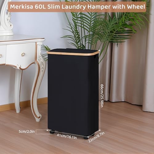 Slim Laundry Basket with Wheels,Narrow Hampers for Laundry,Freestanding Laundry Hamper with Lid&Bamboo Handles,Collapsible & Waterproof Tall Cloth Hamper for Dorm Family(60L Black) - Image 2