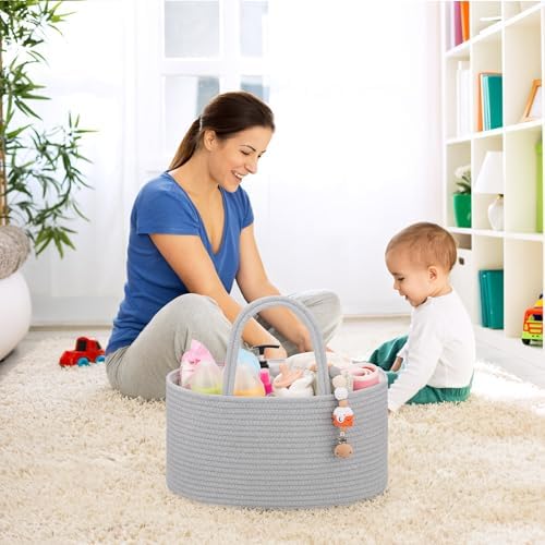 COMSE Baby Diaper Caddy Organizer with Handles, Cotton Rope, Cool Gray - Image 3