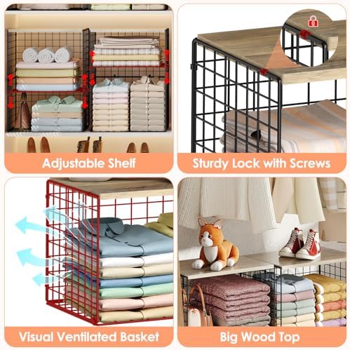 5-Tier Large Stackable Closet Organizer and Storage Basket, Sturdy Closet Shelf Organizer with Wood Top, Stackable Storage Bins Cubes for Clothes with Adjustable Shelf for Wardrobe Organization - Image 6