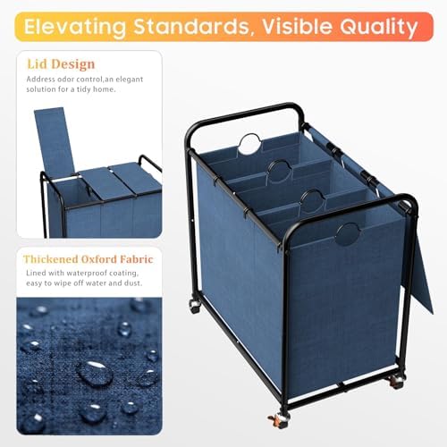 180L Laundry Sorter 3 Section, Rolling Laundry Basket with Wheels and Lid - Image 3