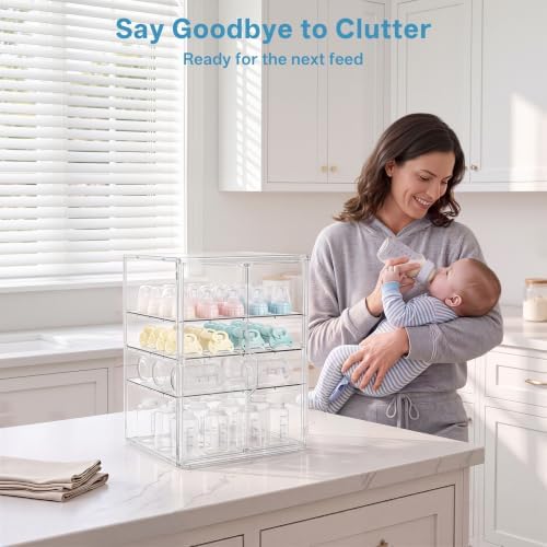 HBlife Baby Bottle Storage Organizer for Countertop Cabinet, 4 Tiers Adjustable Clear Acrylic Bottles Storage Station Case Box Container with 3 Removable Dividers and Magnetic Double Door, X-Large - Image 5